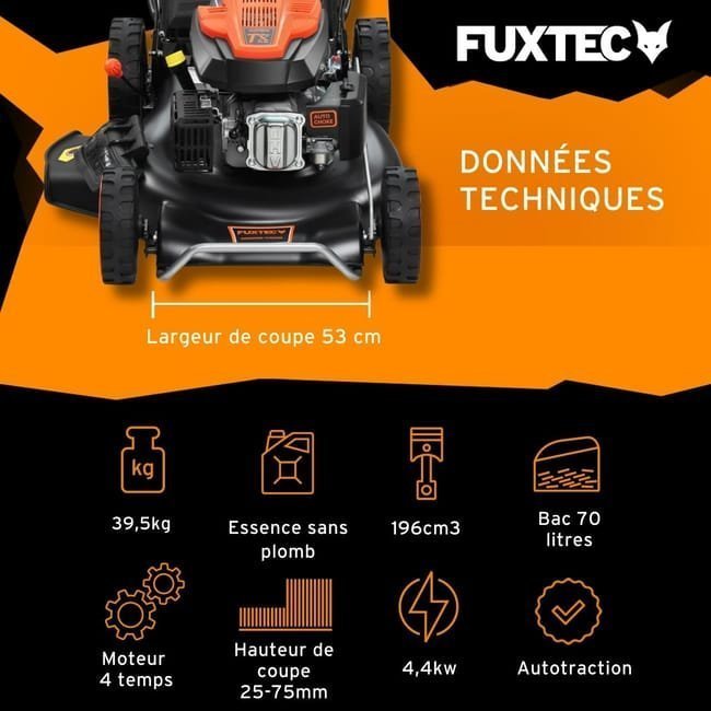 FUXTEC RM5396 autopropulsado gasolina 4 tiempos motor gasolina 196cc - anchura de corte 53 cm 196cc - función mulching - Imagen 7